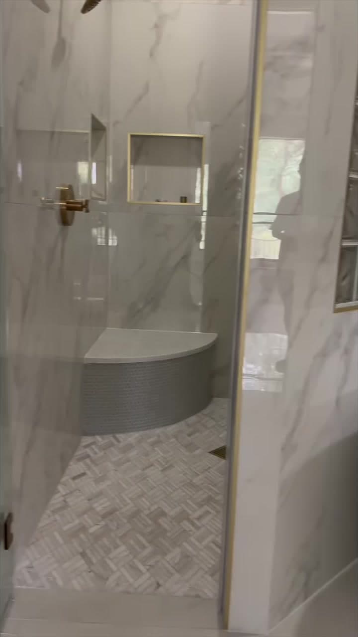 Finished New Life bathroom vanity and counter beside the remodeled shower