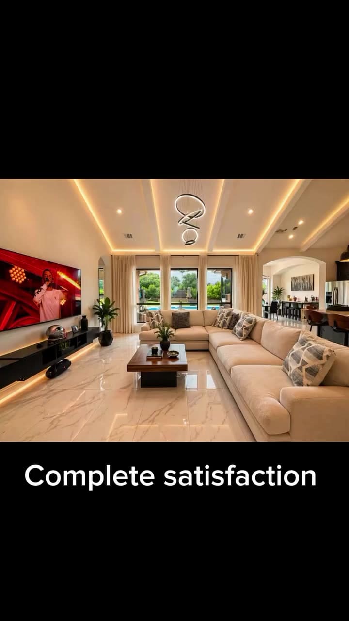 Completed New Life whole-home remodel with an open living area and large-format porcelain tile